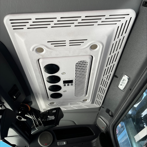 12V 24V air conditioner installation diagram showing DC rooftop mount on truck sleeper cab with wiring