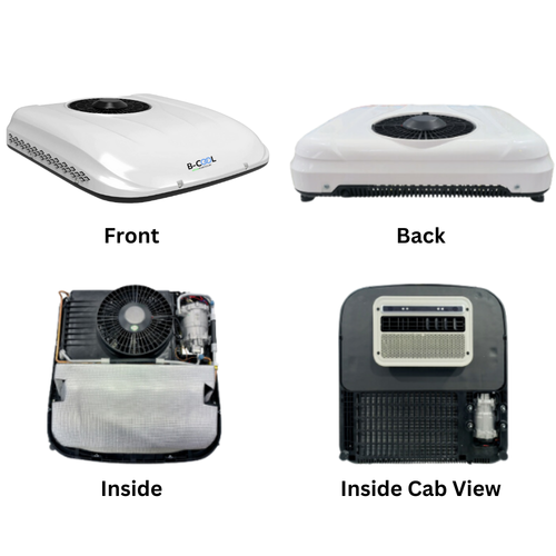 B-COOL 6RM rooftop no-idle air conditioner four views — 12V 24V DC aftermarket AC for trucks RVs and heavy equipment