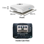 Measurement chart of a roof-mounted air conditioning unit with dimensions labeled.
