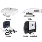 Roof-mounted air conditioning unit with front, side, and inside views on a white background.