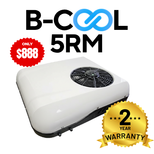 A white B-Cool 5RM air compressor with a black cooling fan on top, shown on a white background with promotional text overlays including 'B-COOL 5RM', a red '$888 ONLY' badge, and a gold '2 YEAR WARRANTY' seal.