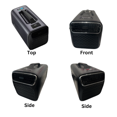 B-COOL PAC structure showing cold air outlet front hot air outlet rear exhaust duct suction duct drain outlet and LCD display panel